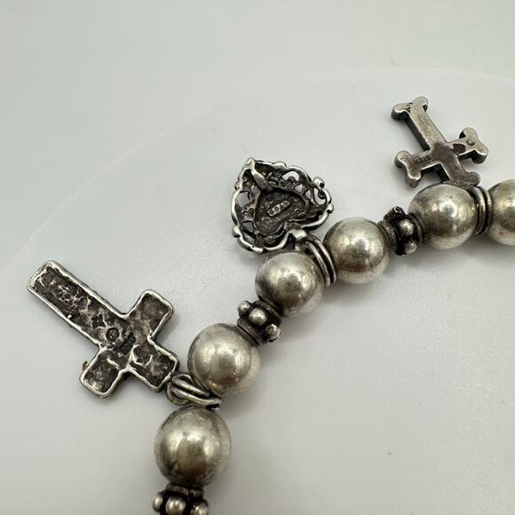 Vintage 925 sterling silver beaded crosses hearts charms bracelet 29g - Picture 6 of 8